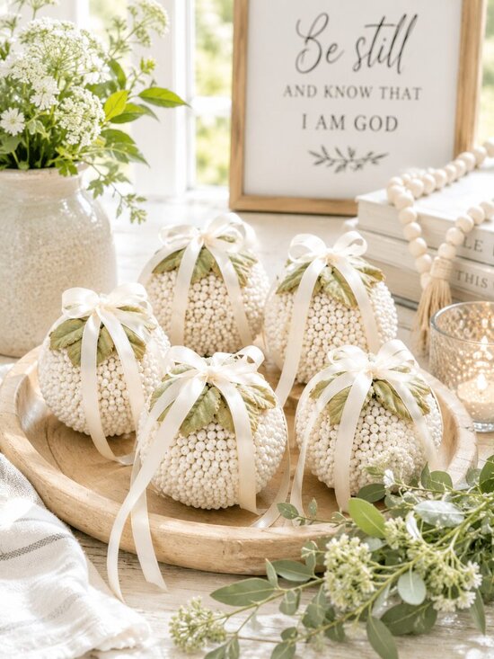 Other - Set of 5 Off White Decorative Ball Ornaments Satin Bow Home Decor Accent Set